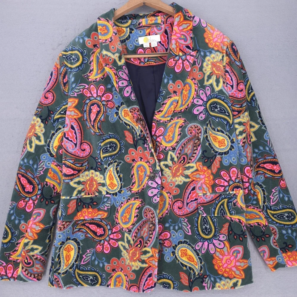 Boden Blazer Womens 16/18 Multicolor Velvet Paisley Floral Jacket Lined Boho